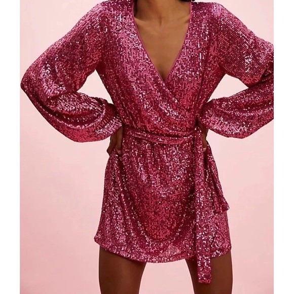 Free People Pants - NWOT Free People  Christa Pink Sequin Wrap Romper  W/ Tie Belt - Size M